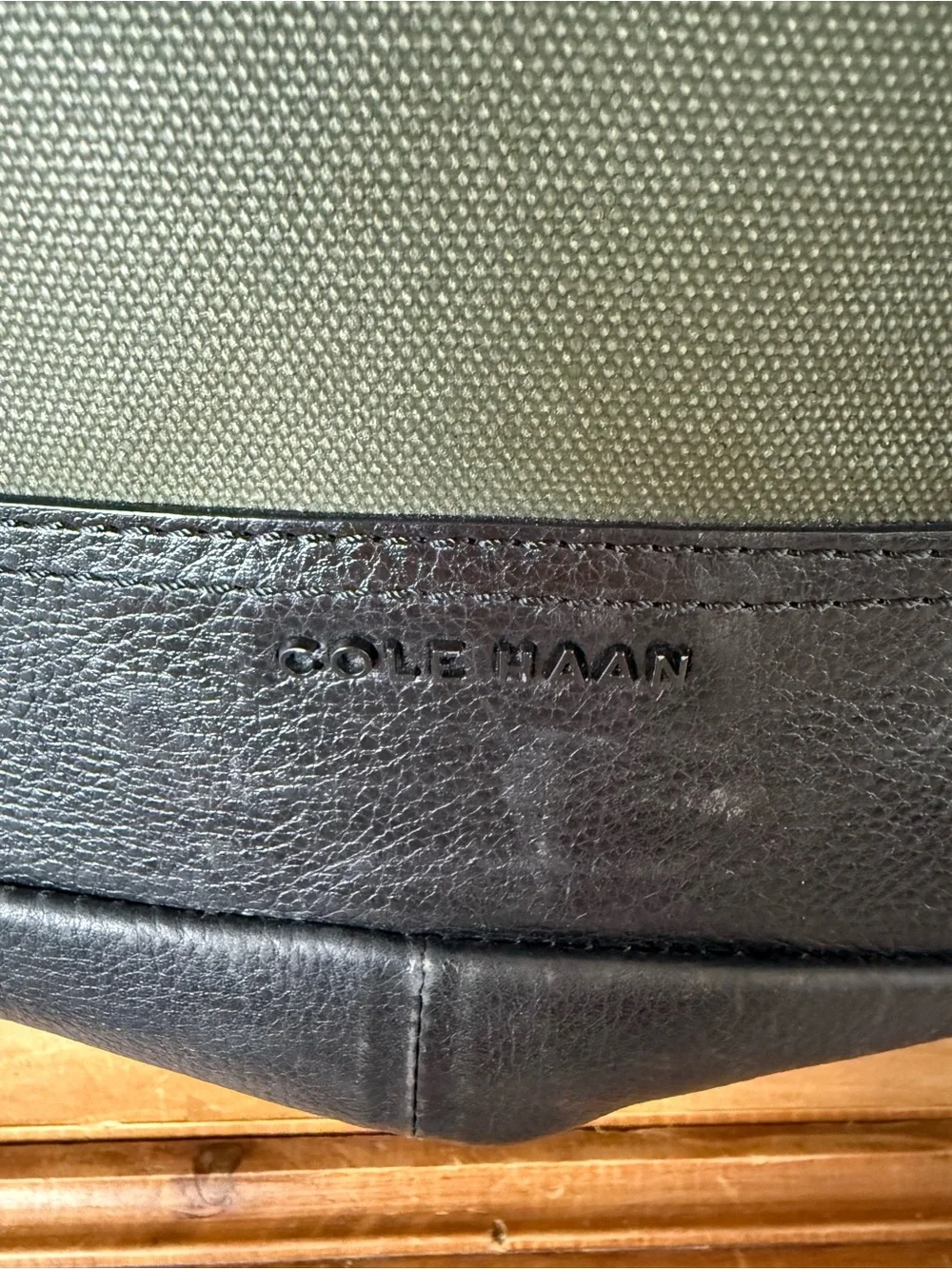 Cole Haan Olive Green Canvas Messenger Bag with Black Leather Detailing